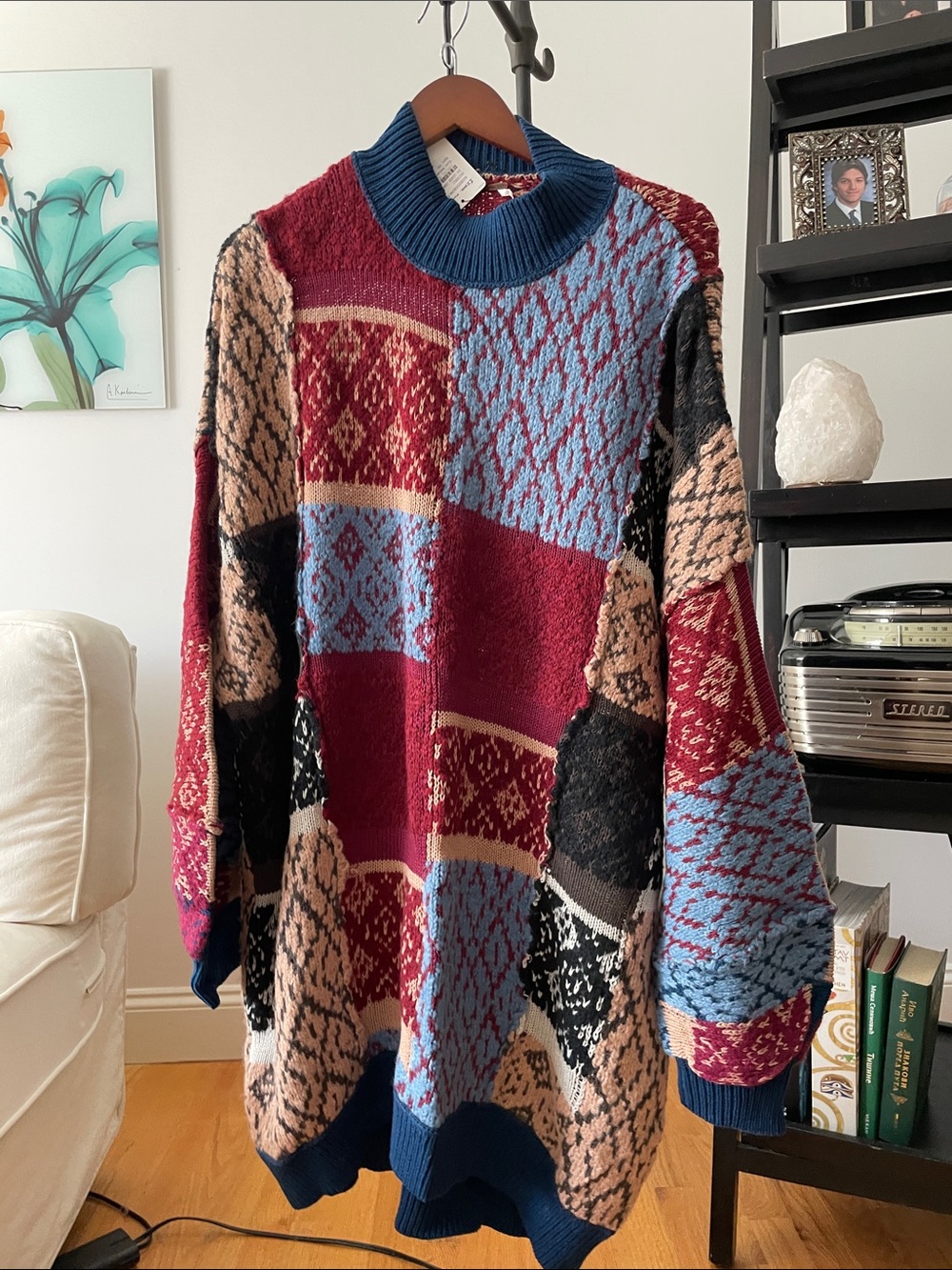 Free People Patchwork Cowl Neck Sweater - Burgundy, Blue, Black, Cream, Tan